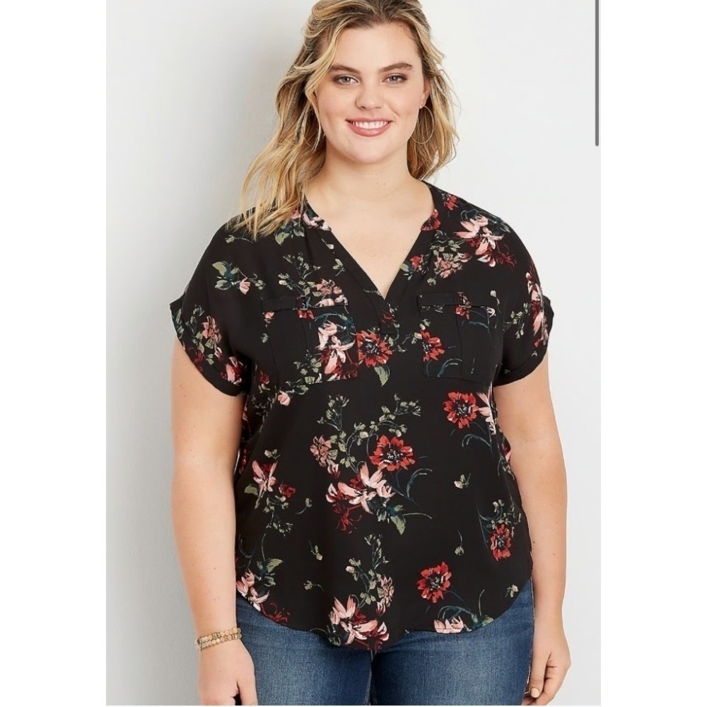 Maurices Black Floral Print Short Sleeve Blouse Top Plus Size 0 14/16